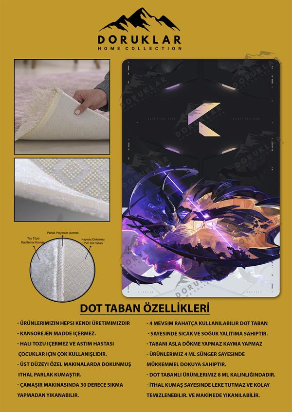 Kaymaz Taban Makinada Yıkanabilir Dijital Baskı Valorant Tasarım Desenli Çocuk Odası Halısı Dot Taban Halı VL16