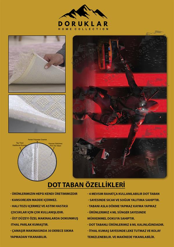 Kaymaz Taban Makinada Yıkanabilir Dijital Baskı DeadPool Desenli Genç Odası Halısı