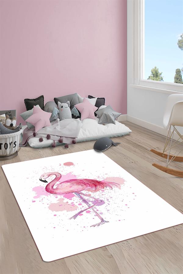 Kaymaz Taban Makinada Yıkanabilir Dijital Baskı Flamingo Desenli Çocuk Odası Halısı Dot Taban Halı