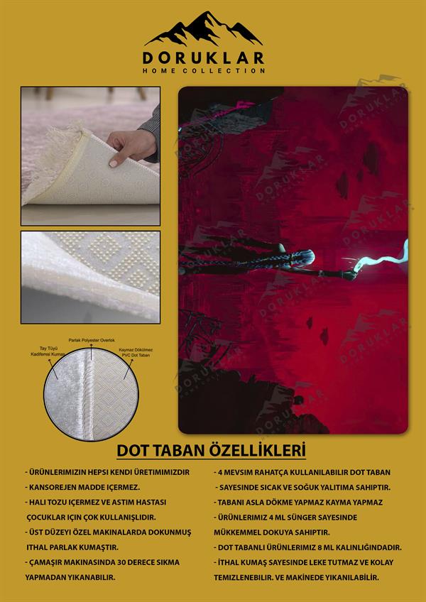 Kaymaz Taban Makinada Yıkanabilir Dijital Baskı Arcane Jinx Desenli Çocuk Odası Halısı Dot Taban Halı ARC20