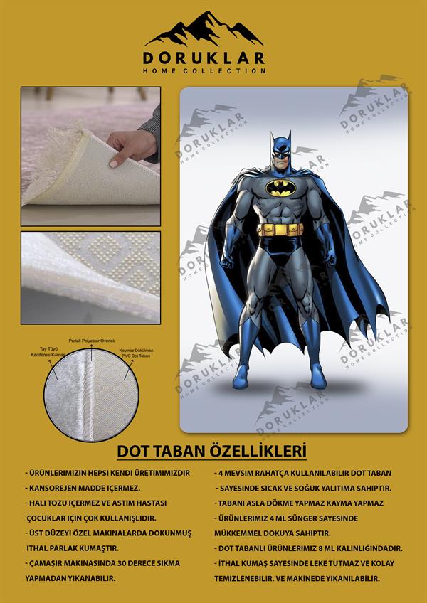 Kaymaz Taban Makinada Yıkanabilir Dijital Baskı Batman Desenli Çocuk Odası Halısı Dot Taban Halı