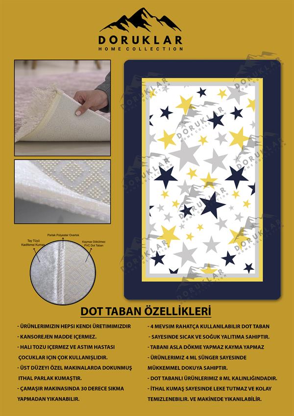 Kaymaz Taban Makinada Yıkanabilir Dijital Baskı Yıldız Desenli Çocuk Odası Halısı Dot Taban Halı 01