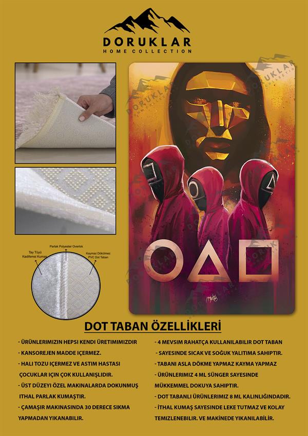 Kaymaz Taban Makinada Yıkanabilir Dijital Baskı Squid Game Desenli Genç Odası Halısı Dot Taban Halı SG01