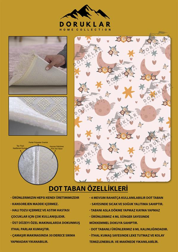 Kaymaz Taban Makinada Yıkanabilir Dijital Baskı Ay Desenli Çocuk Odası Halısı Dot Taban Halı RB07