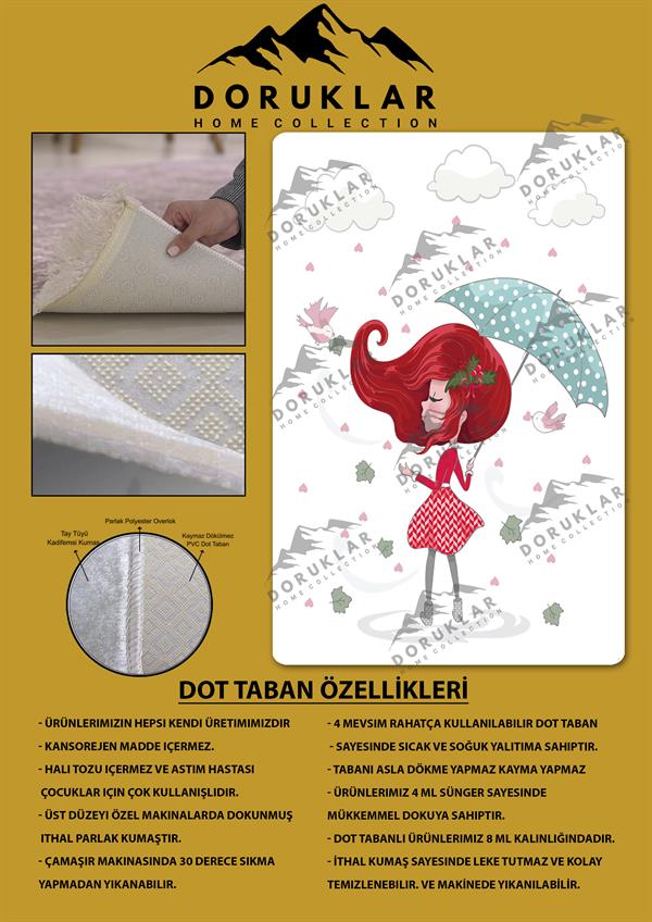 Kaymaz Taban Makinada Yıkanabilir Dijital Baskı Kız Desenli Çocuk Odası Halısı Dot Taban Halı