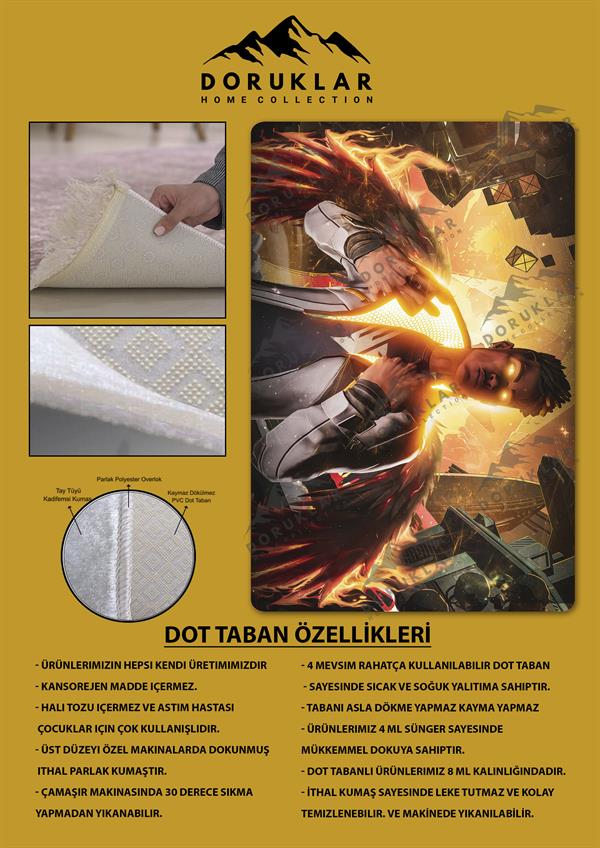 Kaymaz Taban Makinada Yıkanabilir Dijital Baskı Valorant Phoenix Desenli Çocuk Odası Halısı Dot Taban Halı VL02