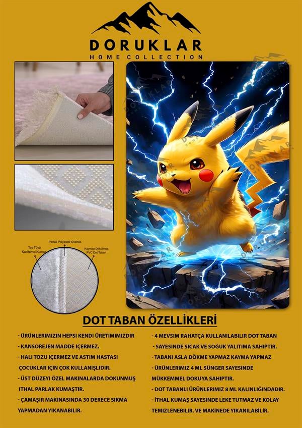 Kaymaz Taban Makinada Yıkanabilir Dijital Baskı Pikachu Desenli Genç Odası Halısı Dot Taban Halı GNC78