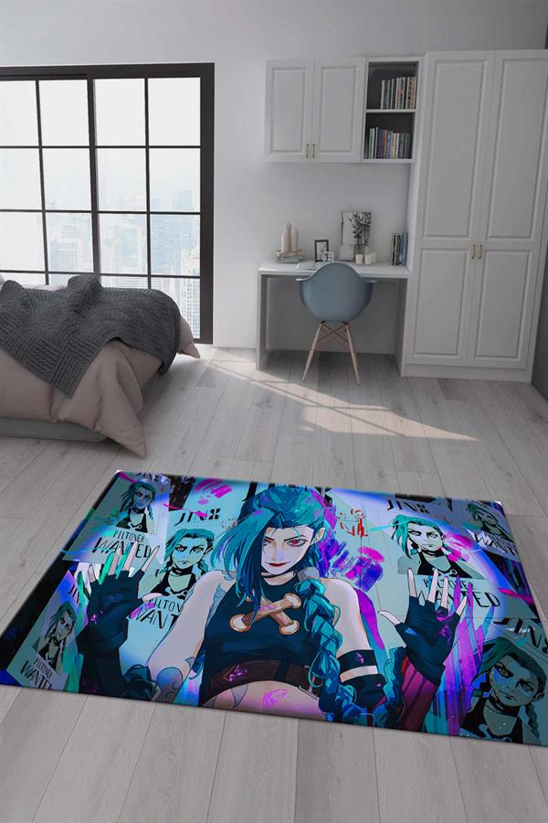 Kaymaz Taban Makinada Yıkanabilir Dijital Baskı Arcane Jinx Desenli Çocuk Odası Halısı Dot Taban Halı ARC23
