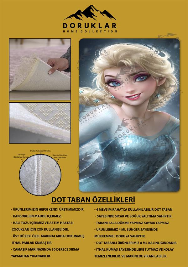 Kaymaz Taban Makinada Yıkanabilir Dijital Baskı Elsa Frozen Desenli Çocuk Odası Halısı Dot Taban Halı