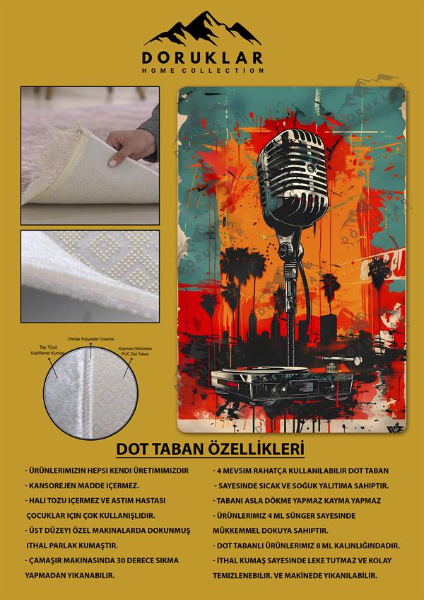 Kaymaz Taban Makinada Yıkanabilir Dijital Baskı Retro Desenli Çocuk Genç Odası Halısı Dot Taban Halı RTR20
