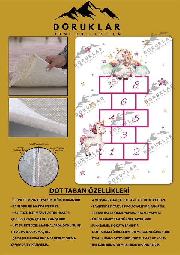 Kaymaz Taban Makinada Yıkanabilir Dijital Baskı Unicorn Seksek Desenli Çocuk Odası Halısı Dot Taban Halı
