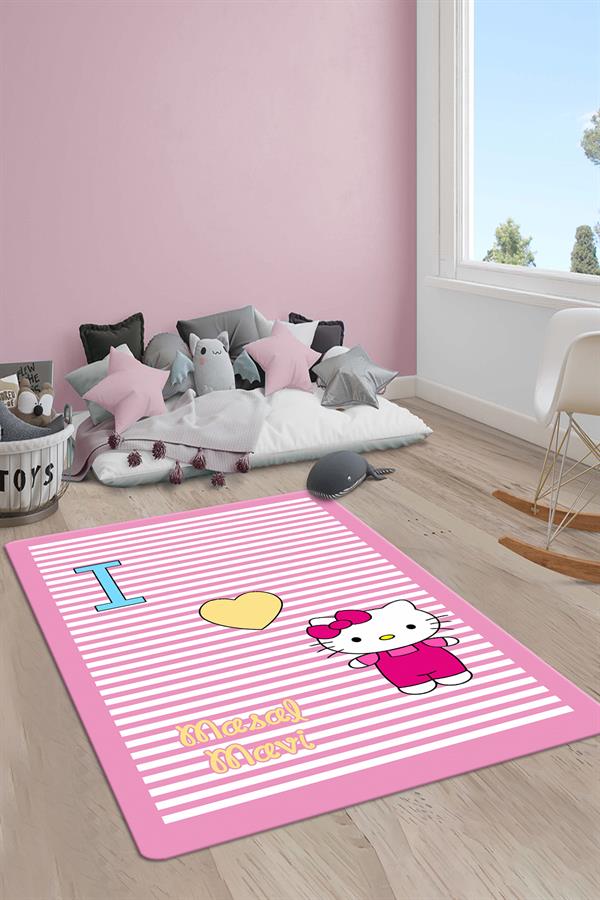 Kaymaz Taban Makinada Yıkanabilir Dijital Baskı Hello Kitty Desenli Çocuk Odası Halısı Dot Taban Halı