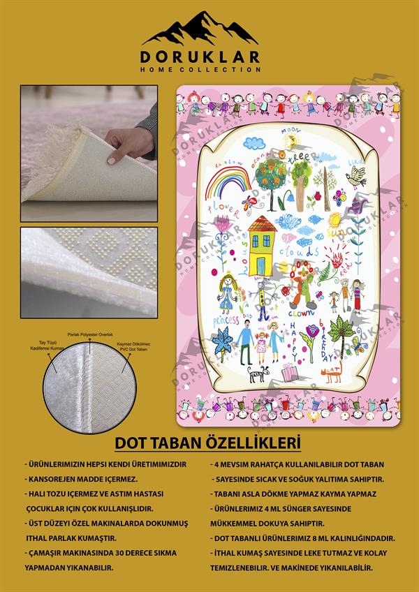 Kaymaz Taban Makinada Yıkanabilir Dijital Baskı Modern Desenli Çocuk Odası Halısı Dot Taban Halı