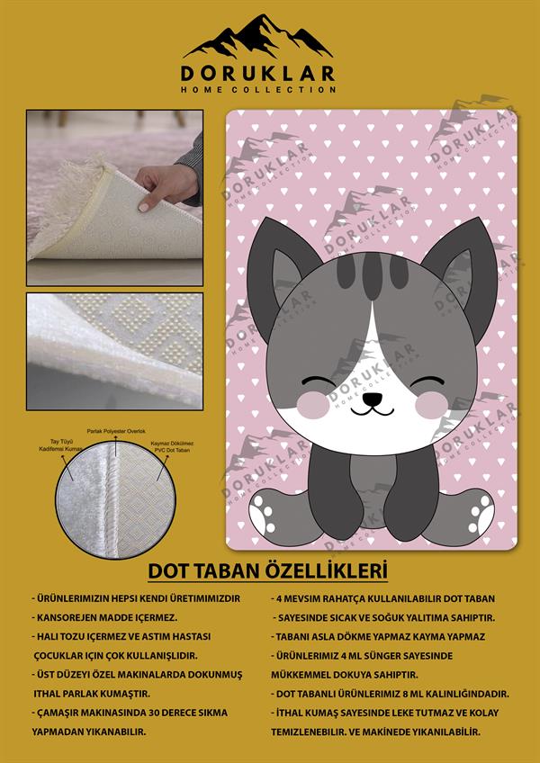 Kaymaz Taban Makinada Yıkanabilir Dijital Baskı Tatlı Kedi Desenli Genç Odası Halısı