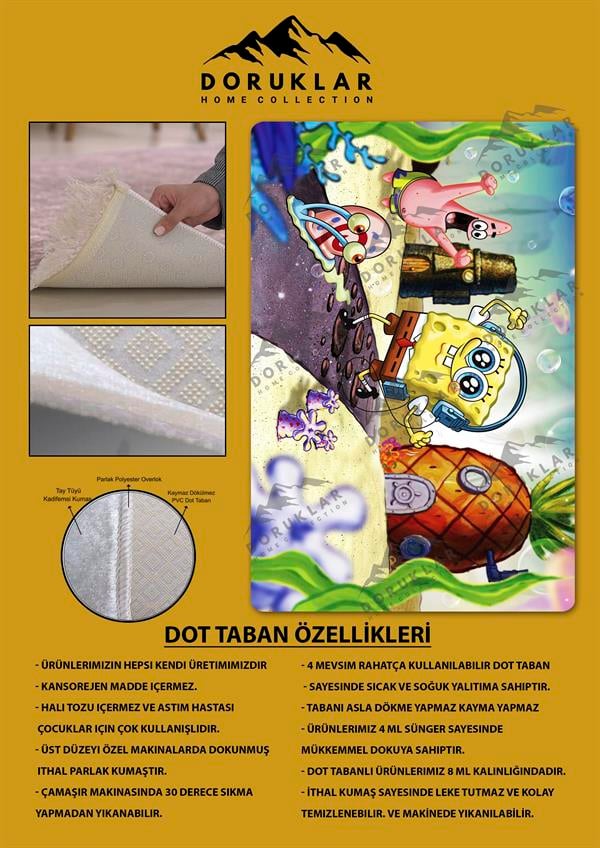 Kaymaz Taban Makinada Yıkanabilir Dijital Baskı Sünger Bob Desenli Çocuk Halısı