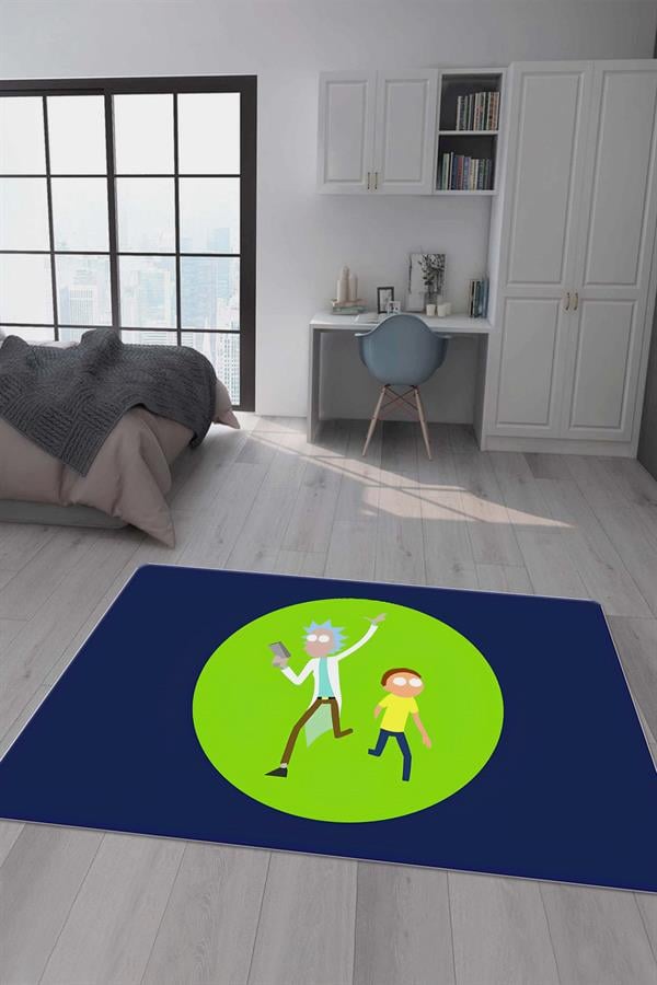 Kaymaz Taban Makinada Yıkanabilir Dijital Baskı Rick and Morty Desenli Genç Odası Halısı Dot Taban Halı GNC57
