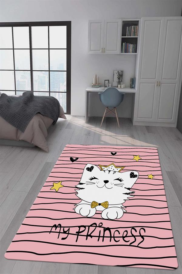 Kaymaz Taban Makinada Yıkanabilir Dijital Baskı Tatlı Kedi Desenli Çocuk Odası Halısı Dot Taban Halı