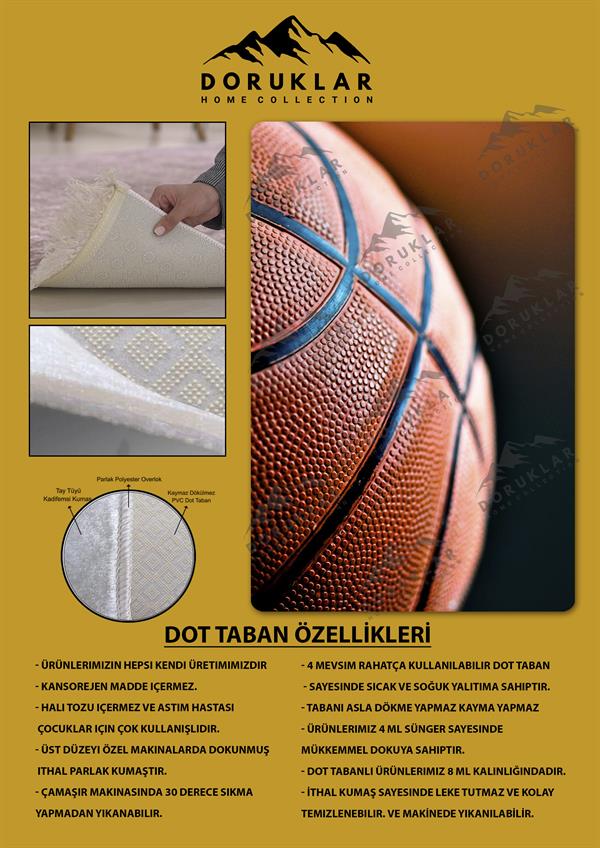 Kaymaz Taban Makinada Yıkanabilir Dijital Baskı Basket Topu Desenli Genç Odası Halısı Dot Taban Halı