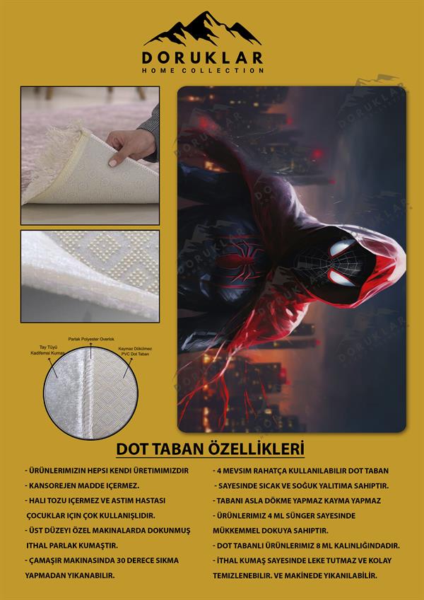 Kaymaz Taban Makinada Yıkanabilir Dijital Baskı Spiderman Desenli Genç Odası Halısı