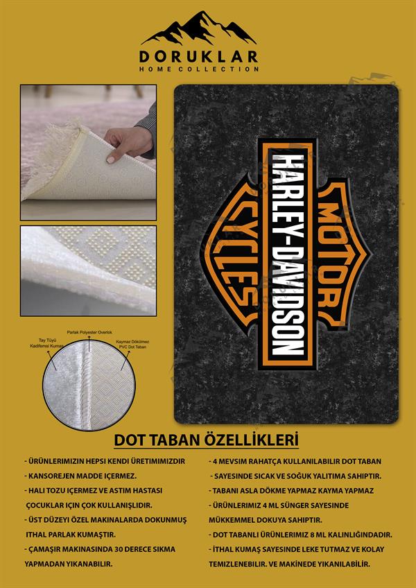 Kaymaz Taban Makinada Yıkanabilir Dijital Baskı Harley Davidson Desenli Çocuk Halısı