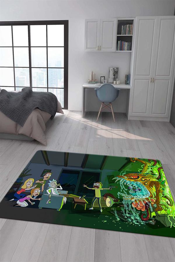 Kaymaz Taban Makinada Yıkanabilir Dijital Baskı Rick and Morty Desenli Çocuk Odası Halısı Dot Taban Halı RM04
