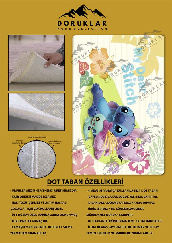 Kaymaz Taban Makinada Yıkanabilir Dijital Baskı Stitch Desenli Çocuk Odası Halısı Dot Taban Halı 0012