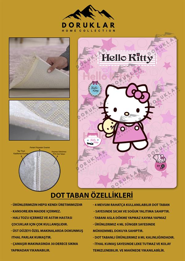 Kaymaz Taban Makinada Yıkanabilir Dijital Baskı Hello Kitty Desenli Çocuk Odası Halısı Dot Taban Halı