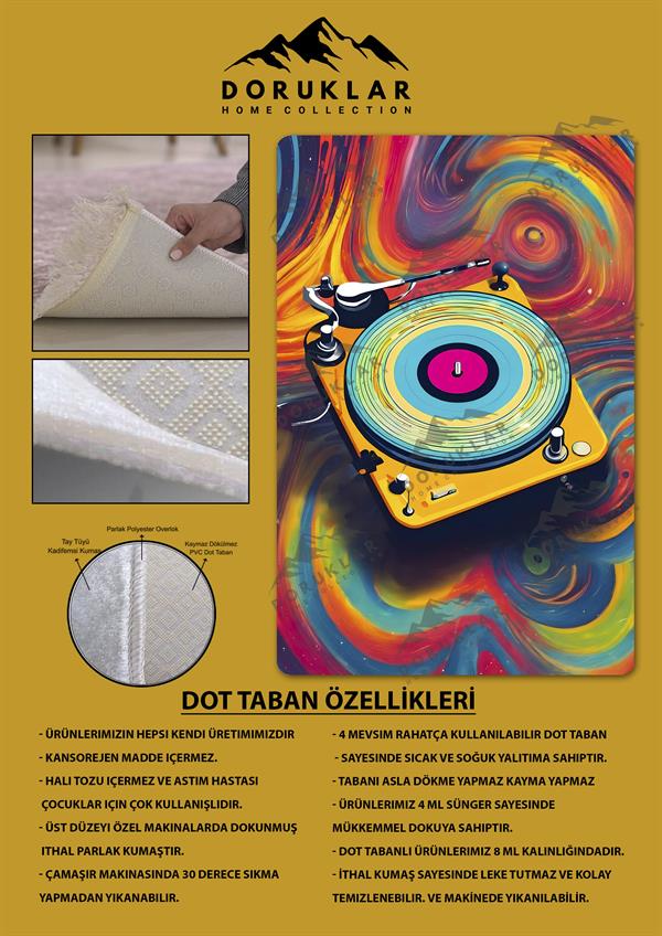 Kaymaz Taban Makinada Yıkanabilir Dijital Baskı Retro Desenli Çocuk Genç Odası Halısı Dot Taban Halı RTR05
