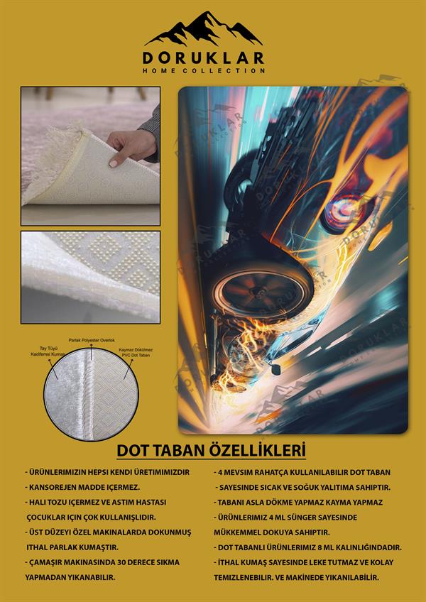 Kaymaz Taban Makinada Yıkanabilir Dijital Baskı Araba Desenli Genç Odası Halısı