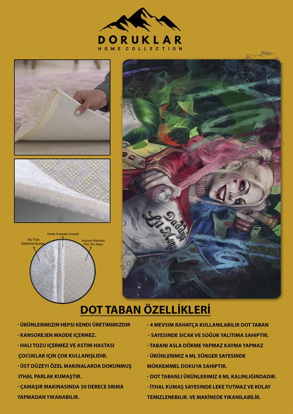 Kaymaz Taban Makinada Yıkanabilir Dijital Baskı Harley Quinn Desenli Çocuk Halısı