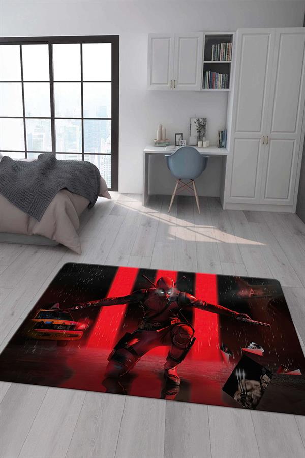 Kaymaz Taban Makinada Yıkanabilir Dijital Baskı DeadPool Desenli Genç Odası Halısı