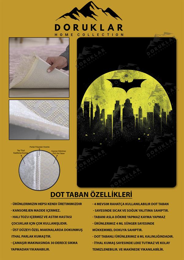 Kaymaz Taban Makinada Yıkanabilir Dijital Baskı Batman Desenli Genç Odası Halısı Dot Taban Halı GNC43
