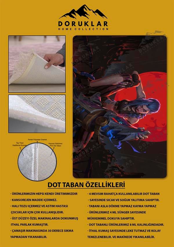 Kaymaz Taban Makinada Yıkanabilir Dijital Baskı Arcane Jinx Desenli Çocuk Odası Halısı Dot Taban Halı ARC22