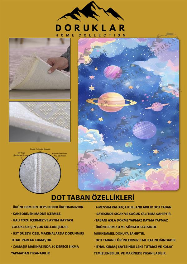 Kaymaz Taban Makinada Yıkanabilir Dijital Baskı Pembe Uzay Desenli Genç Odası Halısı Dot Taban Halı GNC49