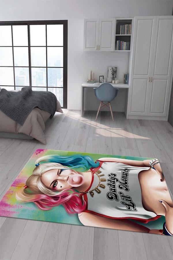 Kaymaz Taban Makinada Yıkanabilir Dijital Baskı Harley Quinn Desenli Çocuk Halısı