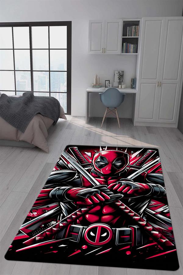 Kaymaz Taban Makinada Yıkanabilir Dijital Baskı Deadpool Desenli Genç Odası Halısı Dot Taban Halı GNC08