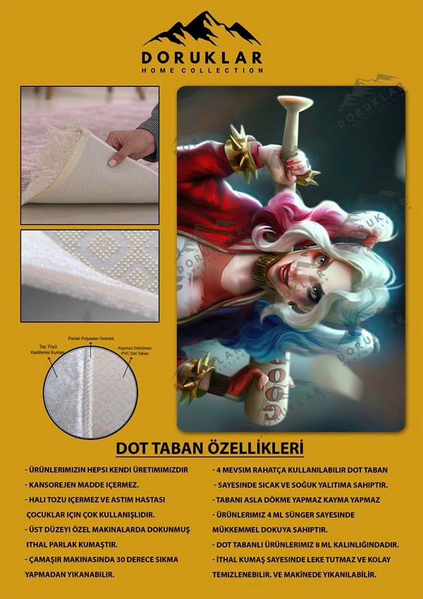 Kaymaz Taban Makinada Yıkanabilir Dijital Baskı Harley Quenn Desenli Genç Odası Halısı