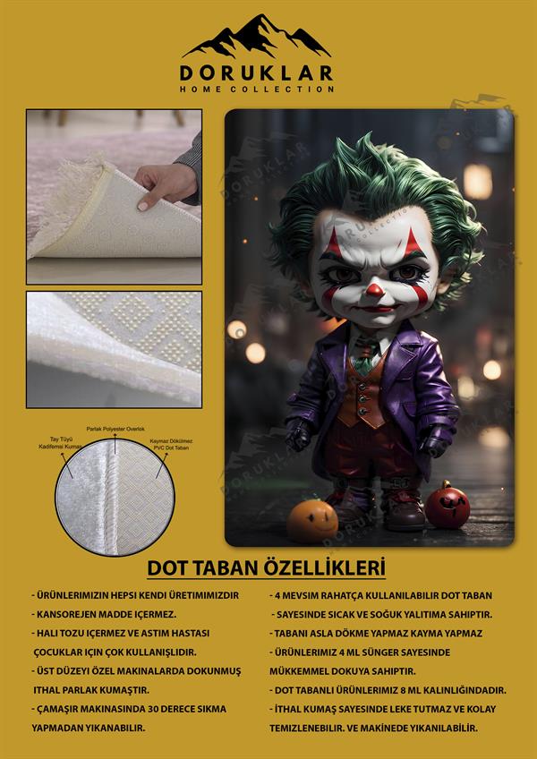 Kaymaz Taban Makinada Yıkanabilir Dijital Baskı Baby Joker Desenli Genç ve Çocuk Odası Halısı Dot Taban Hal