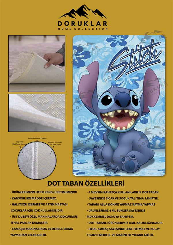 Kaymaz Taban Makinada Yıkanabilir Dijital Baskı Stitch Desenli Çocuk Odası Halısı Dot Taban Halı 0009