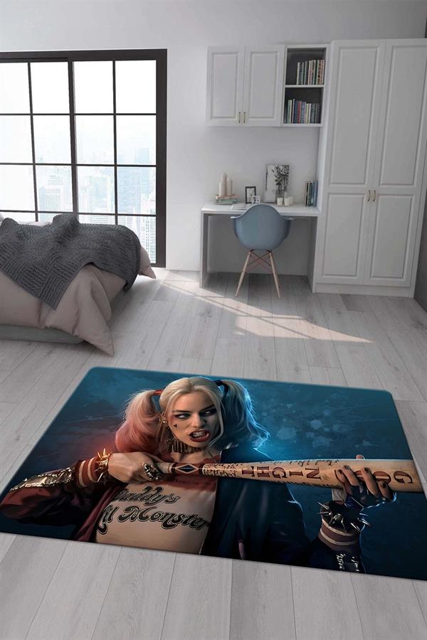 Kaymaz Taban Makinada Yıkanabilir Dijital Baskı Harley Quinn Desenli Çocuk Halısı