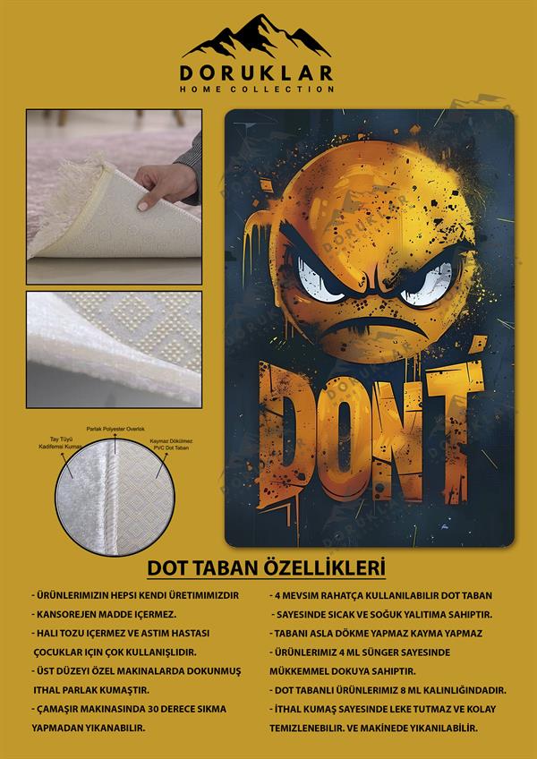 Kaymaz Taban Makinada Yıkanabilir Dijital Baskı Dont Desenli Genç ve Çocuk Odası Halısı Dot Taban Halı