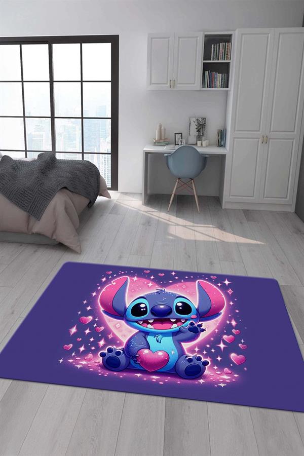 Kaymaz Taban Makinada Yıkanabilir Dijital Baskı Stitch Desenli Çocuk Odası Halısı Dot Taban Halı 0004
