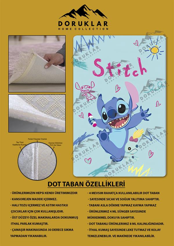 Kaymaz Taban Makinada Yıkanabilir Dijital Baskı Stitch Desenli Çocuk Odası Halısı Dot Taban Halı 0001
