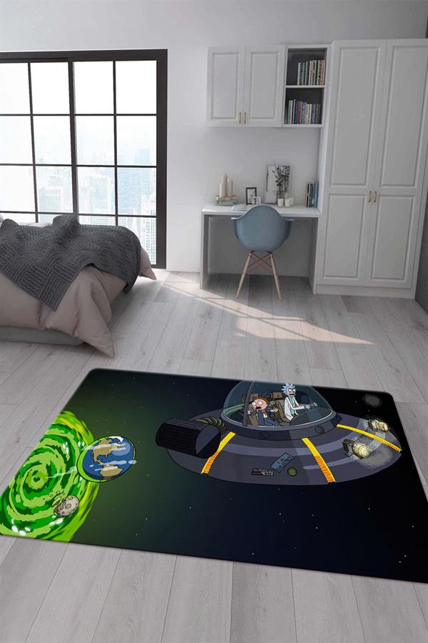 Kaymaz Taban Makinada Yıkanabilir Dijital Baskı Rick and Morty Desenli Çocuk Odası Halısı Dot Taban Halı RM05