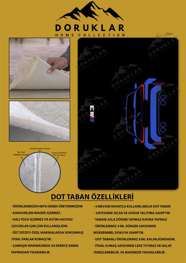 Kaymaz Taban Makinada Yıkanabilir Dijital Baskı BMW Desenli Genç Odası Halısı Dot Taban Halı