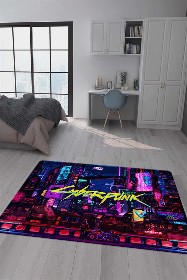 Kaymaz Taban Makinada Yıkanabilir Dijital Baskı Cyperpunk Desenli Çocuk Odası Halısı Dot Taban Halı RHR10