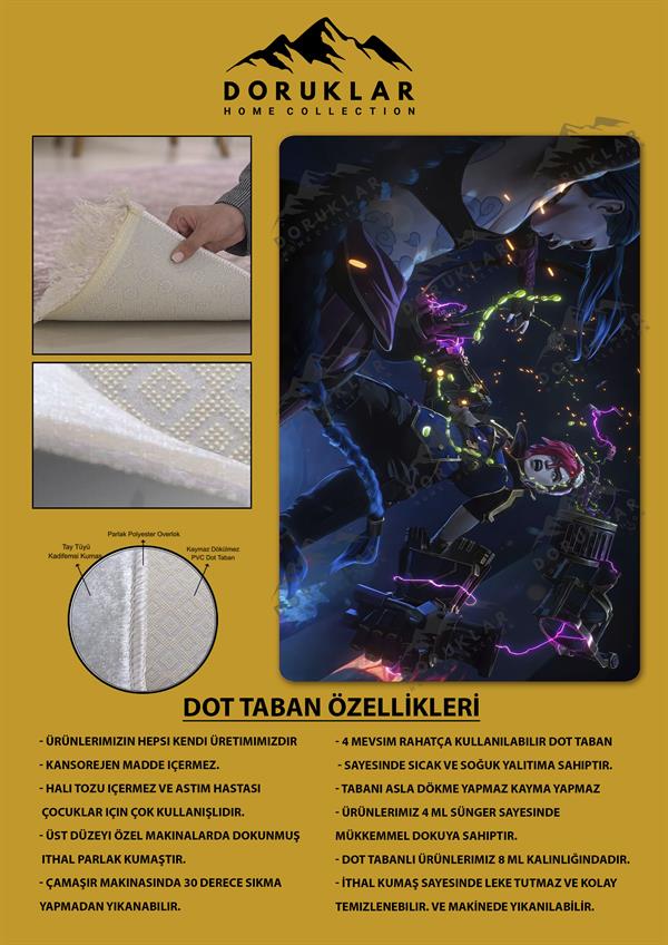 Kaymaz Taban Makinada Yıkanabilir Dijital Baskı Arcane Jinx ve Vi Desenli Çocuk Odası Halısı Dot Taban Halı ARC16
