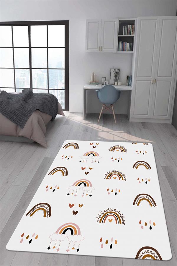 Kaymaz Taban Makinada Yıkanabilir Dijital Baskı Gökkuşağı Desenli Çocuk Odası Halısı Dot Taban Halı