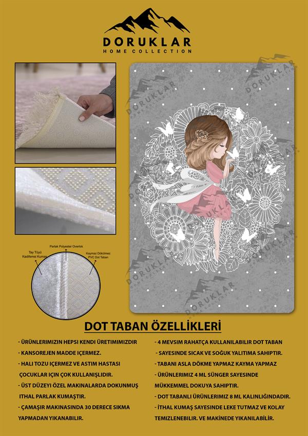 Kaymaz Taban Makinada Yıkanabilir Dijital Baskı Kız Desenli Çocuk Odası Halısı Dot Taban Halı