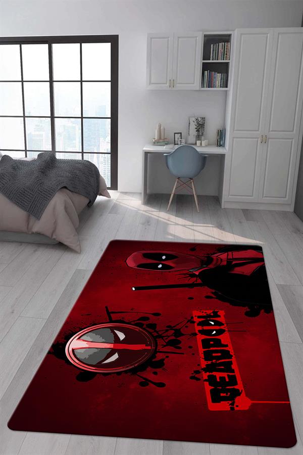 Kaymaz Taban Makinada Yıkanabilir Dijital Baskı Deadpool Desenli Genç Odası ve Çocuk Odası Halısı Dot Taban Halı